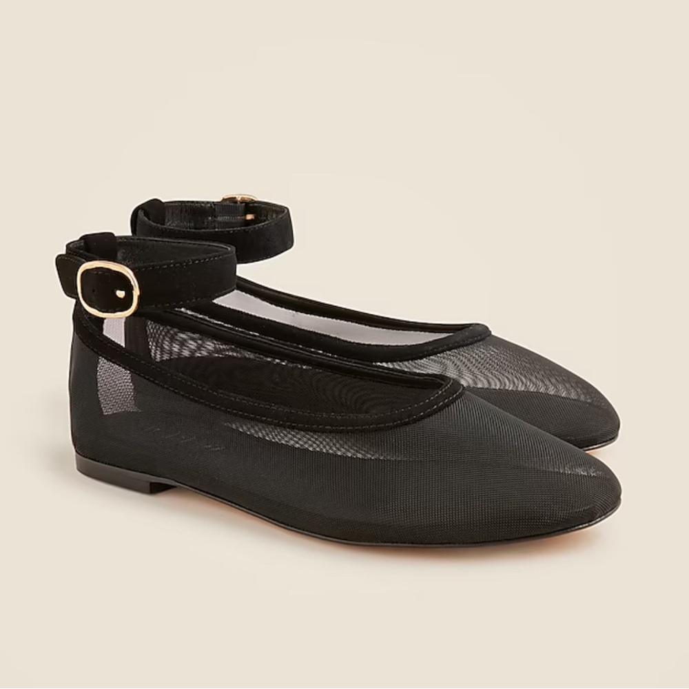 J. Crew NIB Andi Ankle-Strap Ballet Flats in Mesh -‎ Black
